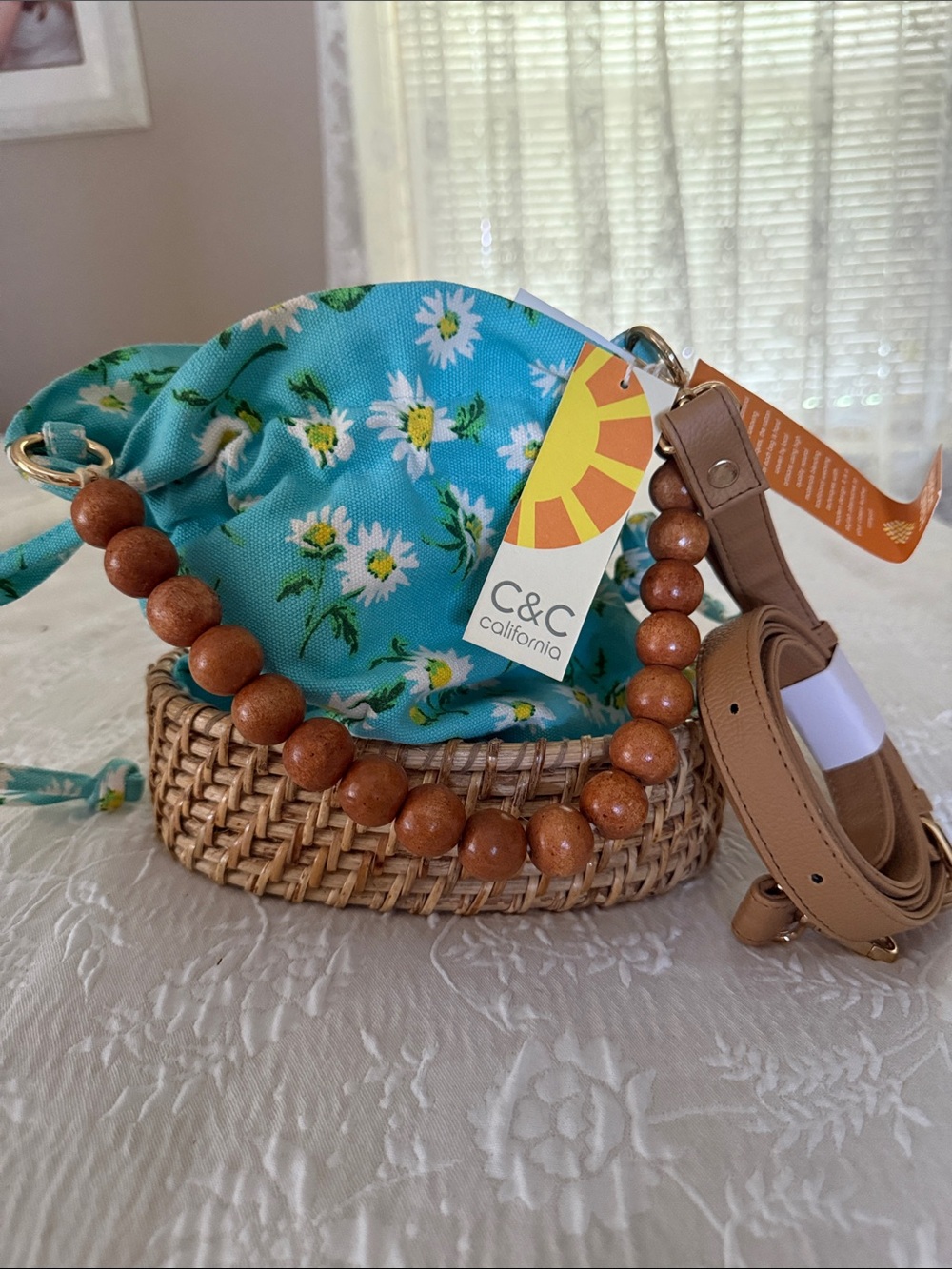 C&C California Turquoise Daisy Straw Bead-Handle Crossbody